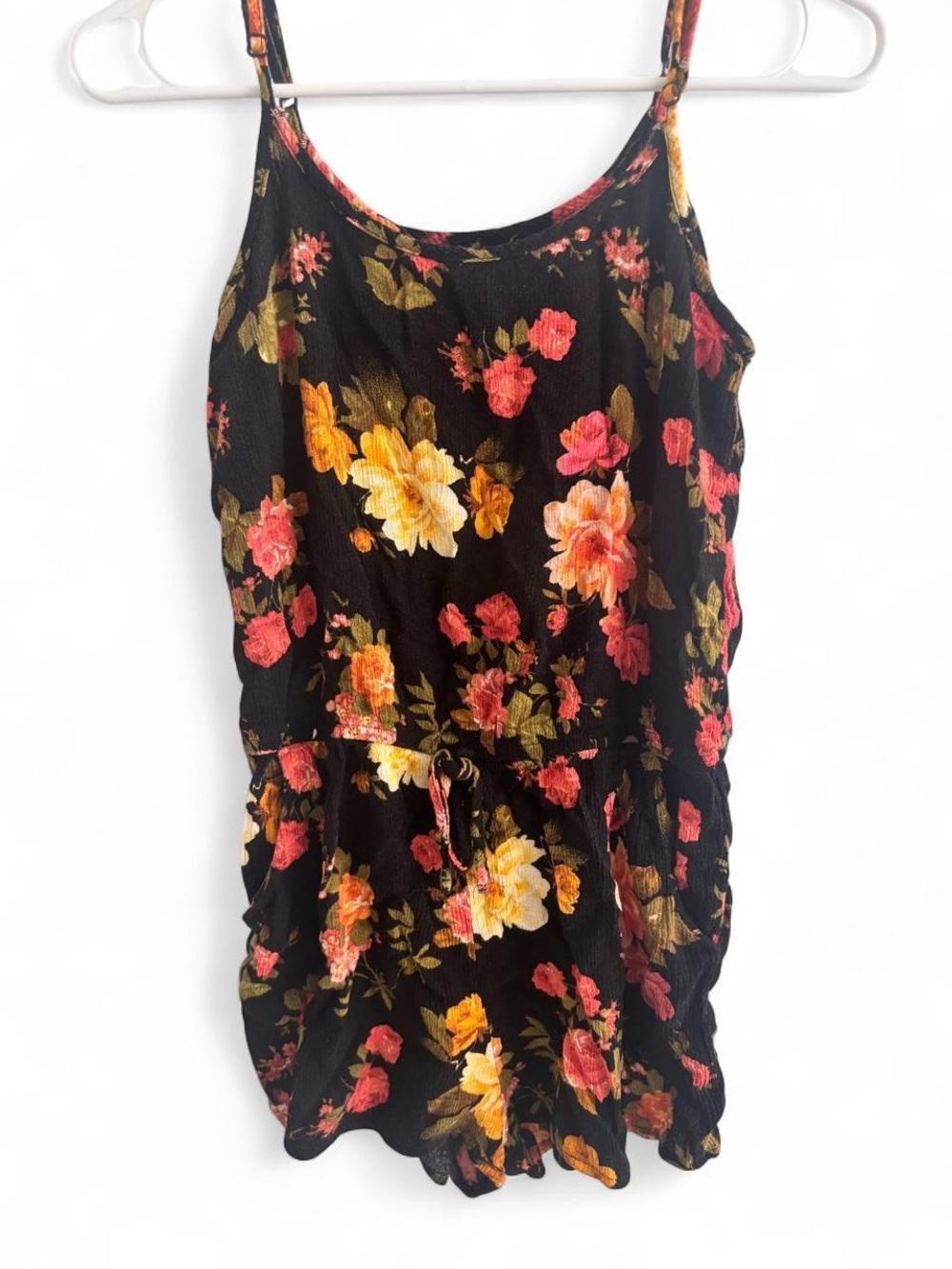 Ambiance Black Floral Spaghetti-Strap Romper with Cinched Waist